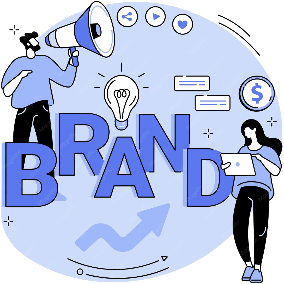 Person with megaphone and person with laptop around large BRAND letters