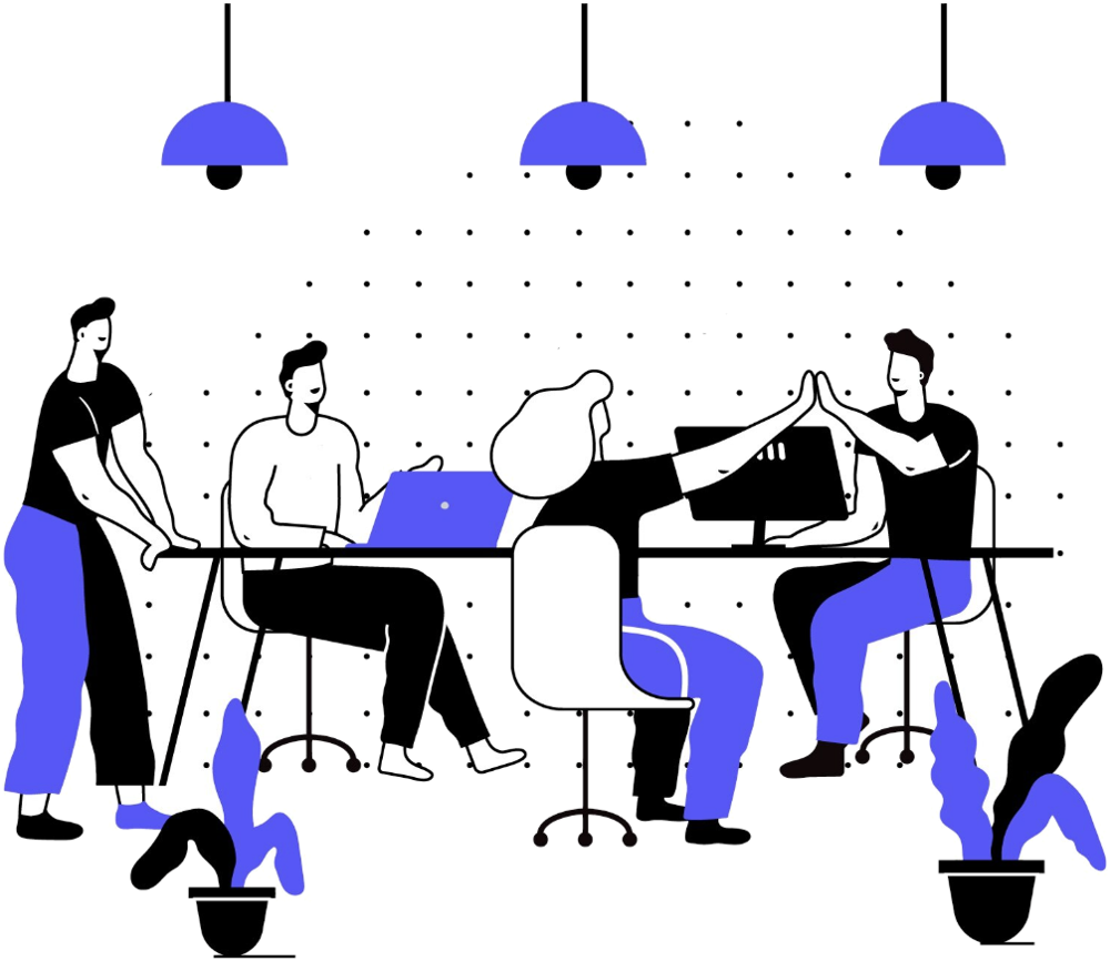 Team working and high-fiving around a shared desk