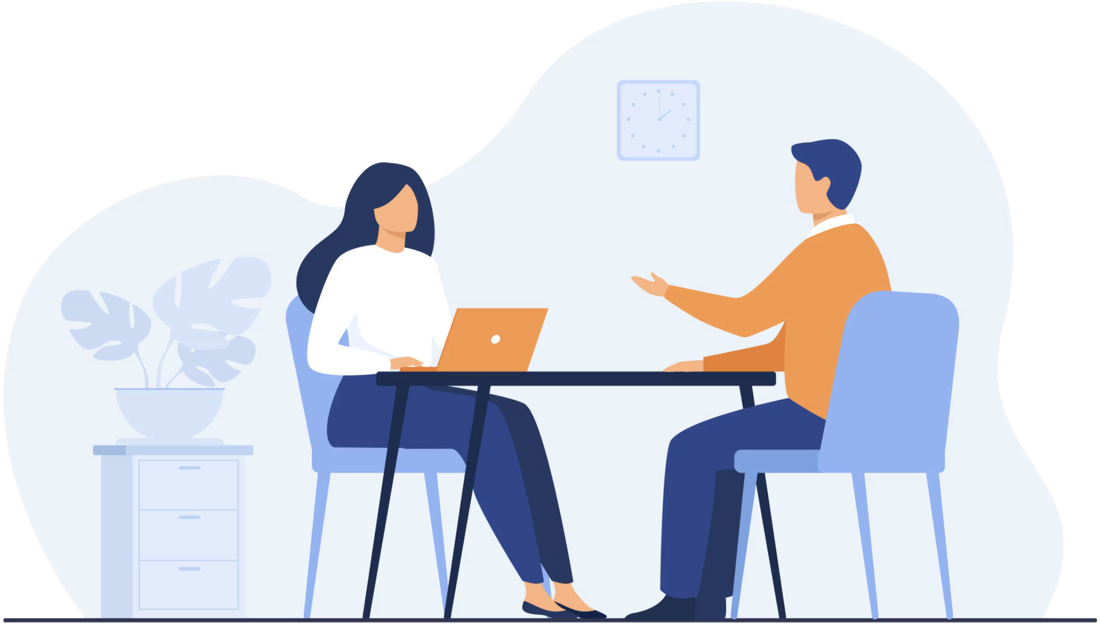 Interview between a candidate and a hiring manager at a desk