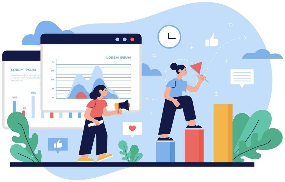 People with charts, dashboards and a flag representing content and growth goals