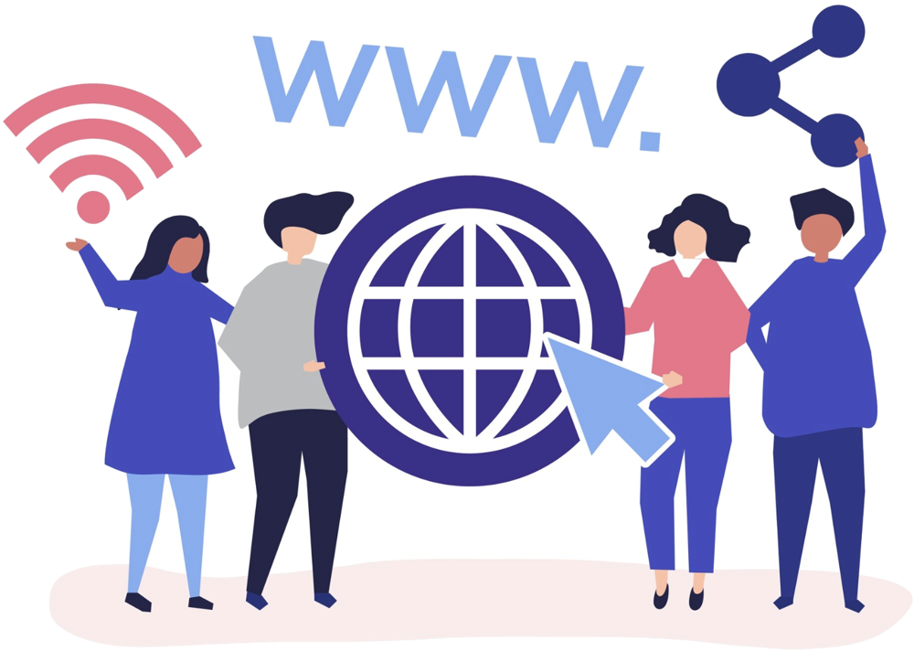 People with a WWW globe icon, wifi and share icons