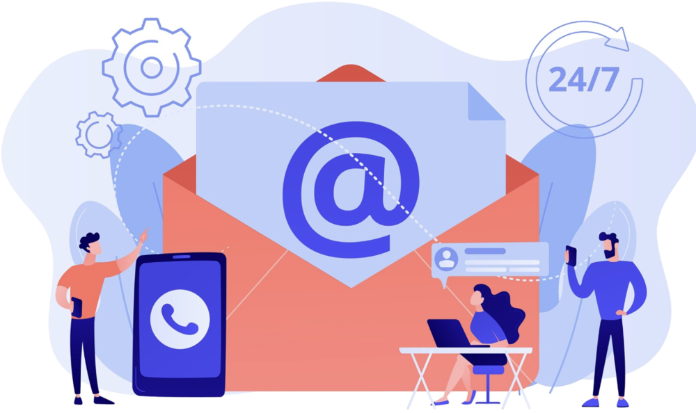Large email envelope with people around it, gears, phone and 24/7 icons