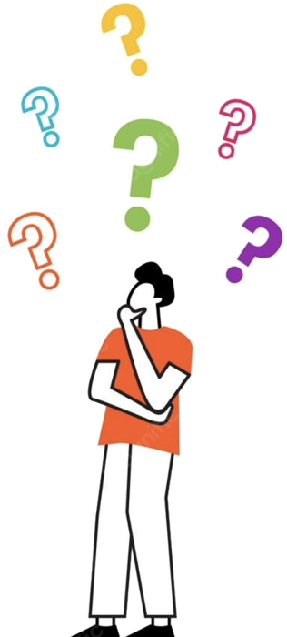 Person thinking with question marks above their head