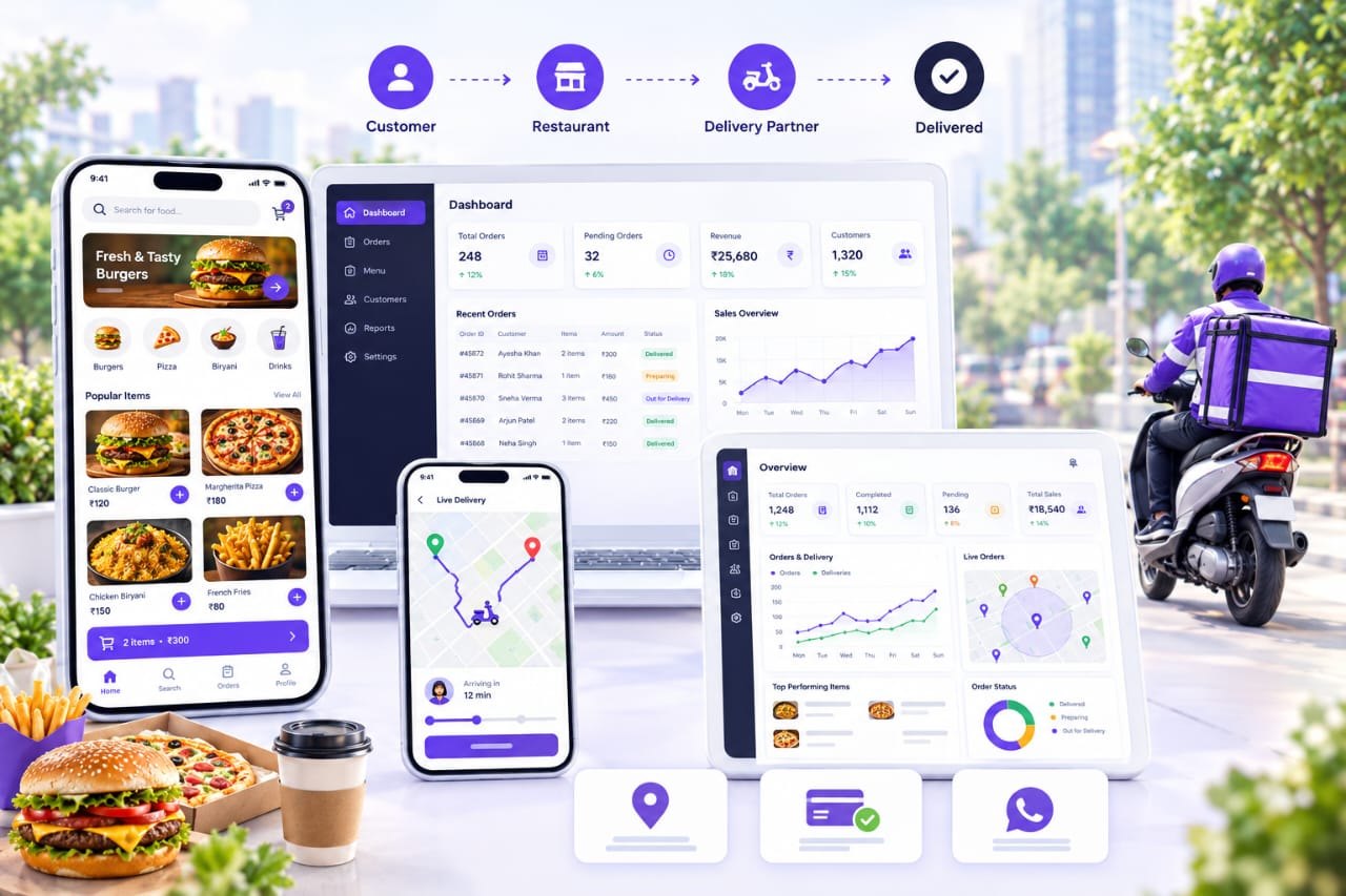 How a food delivery platform works: customer orders, the restaurant dashboard manages the order, a delivery partner delivers it and the customer receives the food