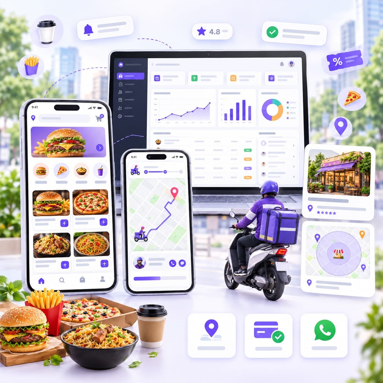 Food delivery customer app, delivery partner app and restaurant panel shown together