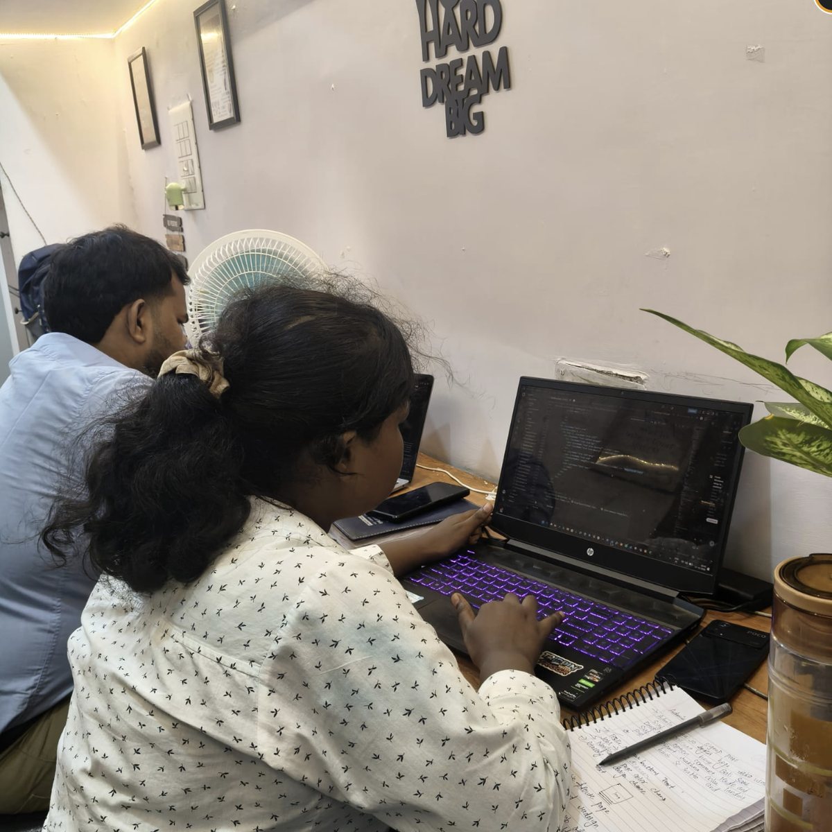 Two SoftFYR team members working on laptops side by side