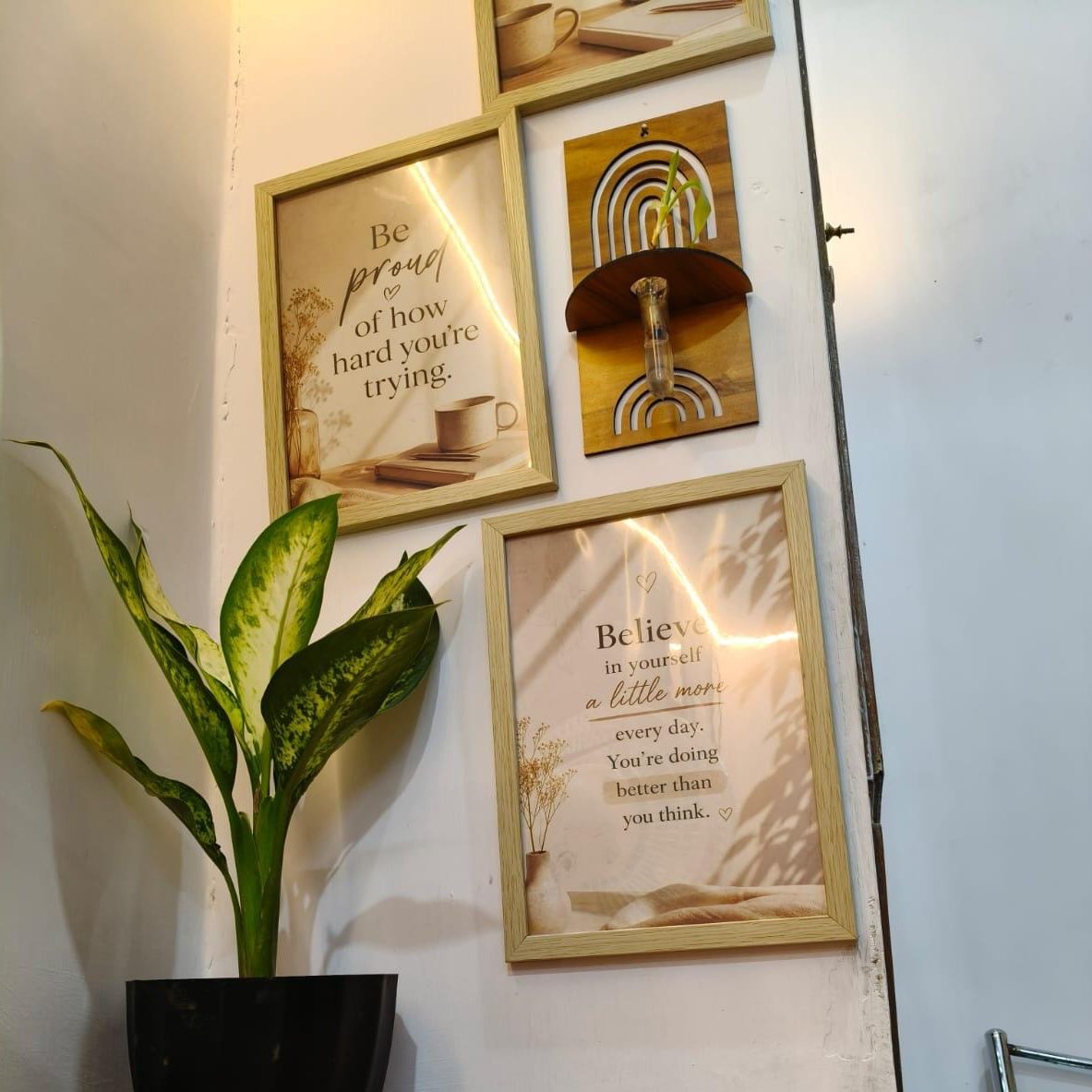 Framed motivational quotes and a plant on the SoftFYR office wall