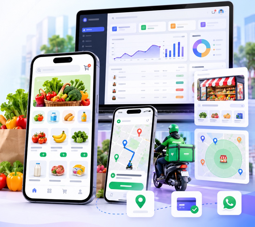 Grocery delivery mobile app, rider app and admin dashboard shown together