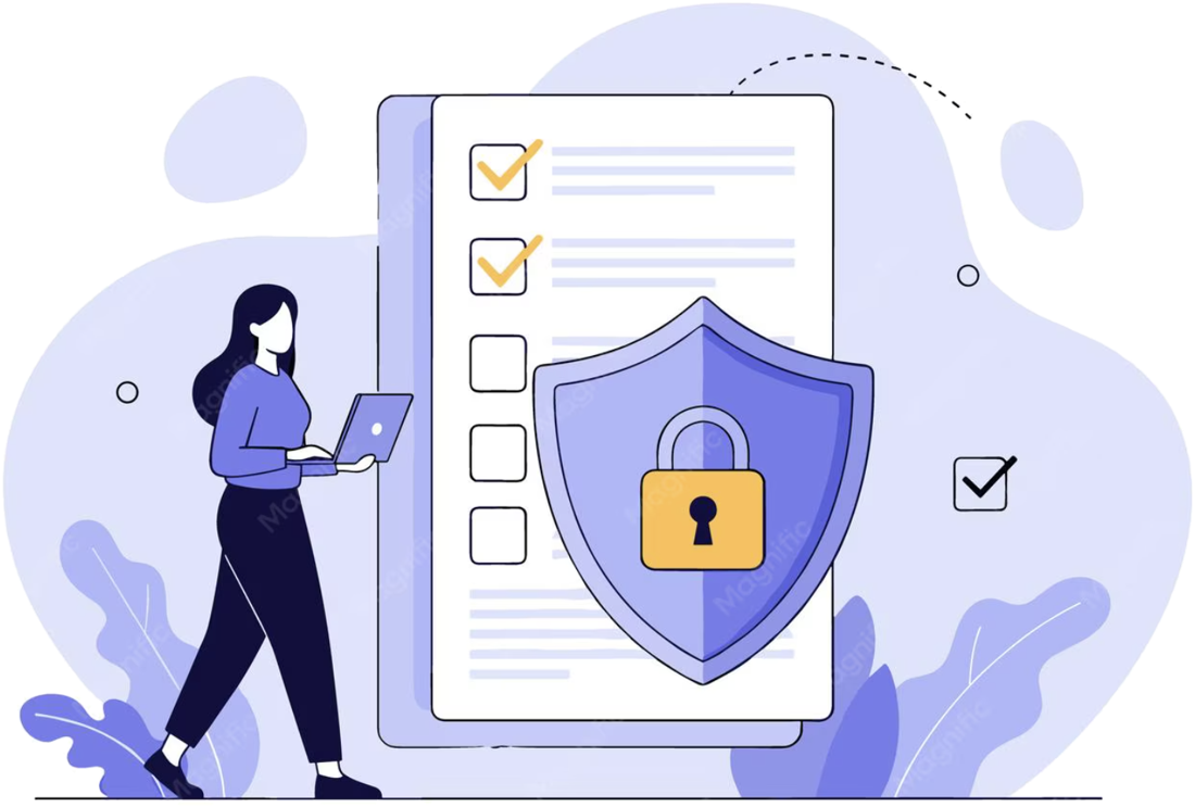 Person with a laptop beside a checklist and a shield with a padlock