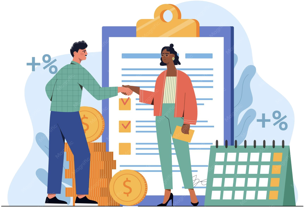 Two people shaking hands over a checklist with coins and a calendar