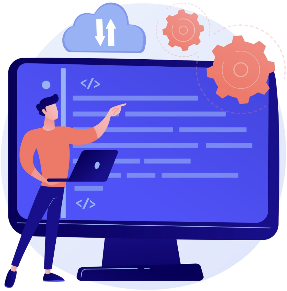 Person pointing at a code screen with cloud and gear icons