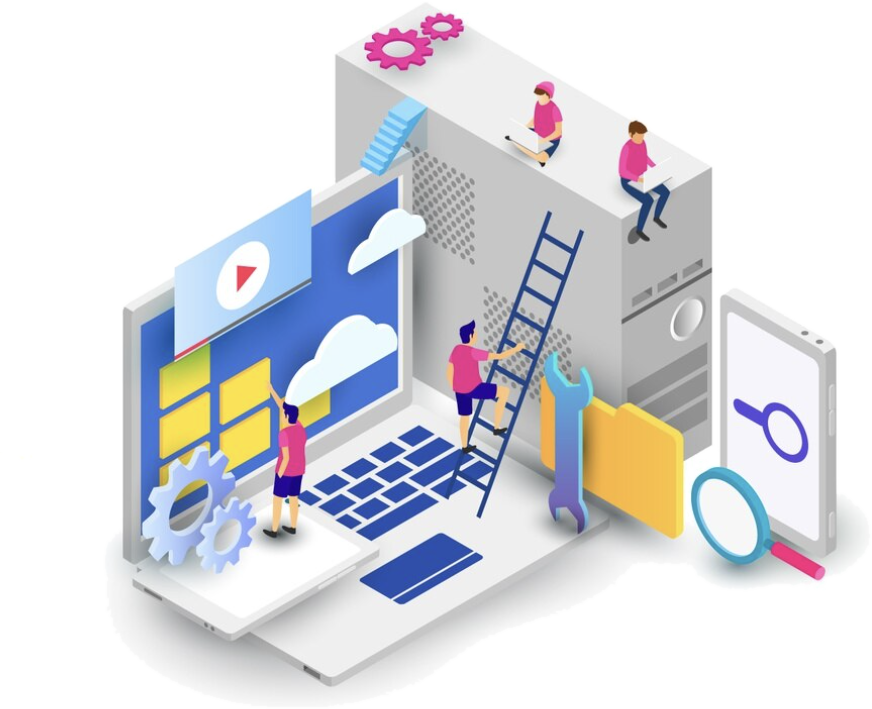 Isometric illustration of laptop, gears, search icons and people working on SEO