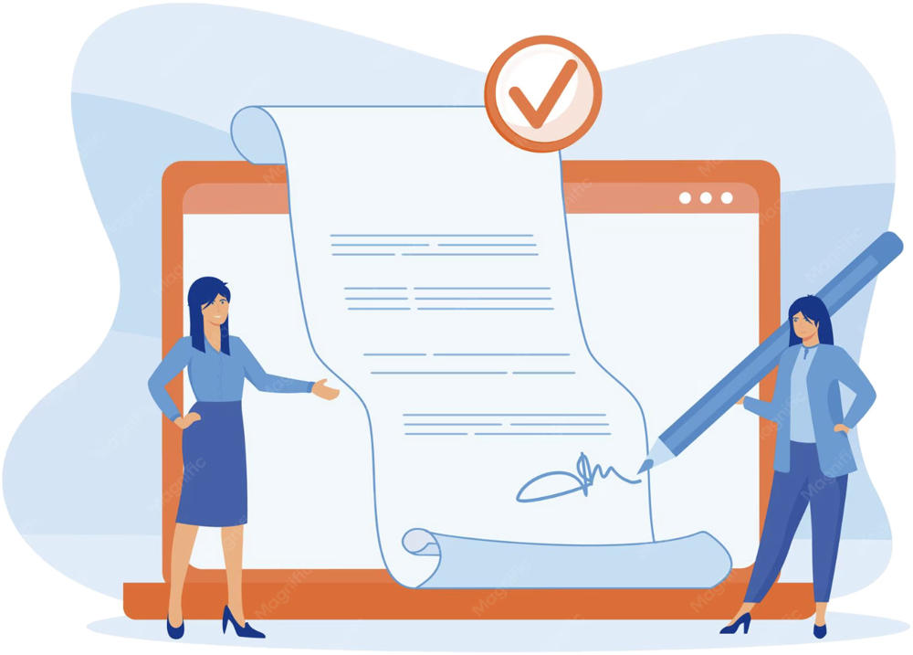 Two people reviewing and signing a document on a laptop