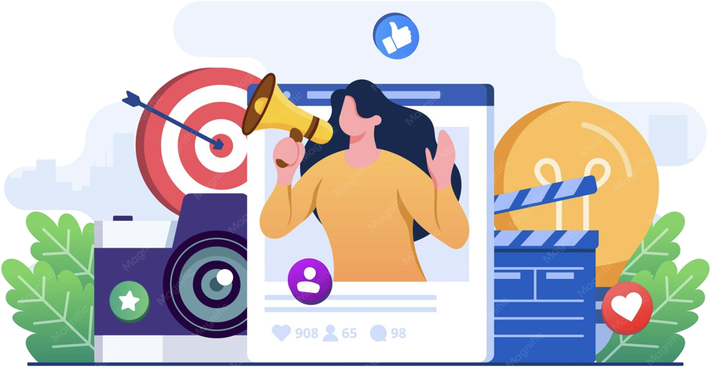 Person with megaphone promoting a social media post, with camera, lightbulb and clapperboard icons