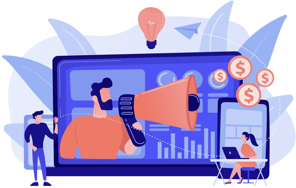 Person with a megaphone promoting on a screen with charts, coins and a person on a laptop
