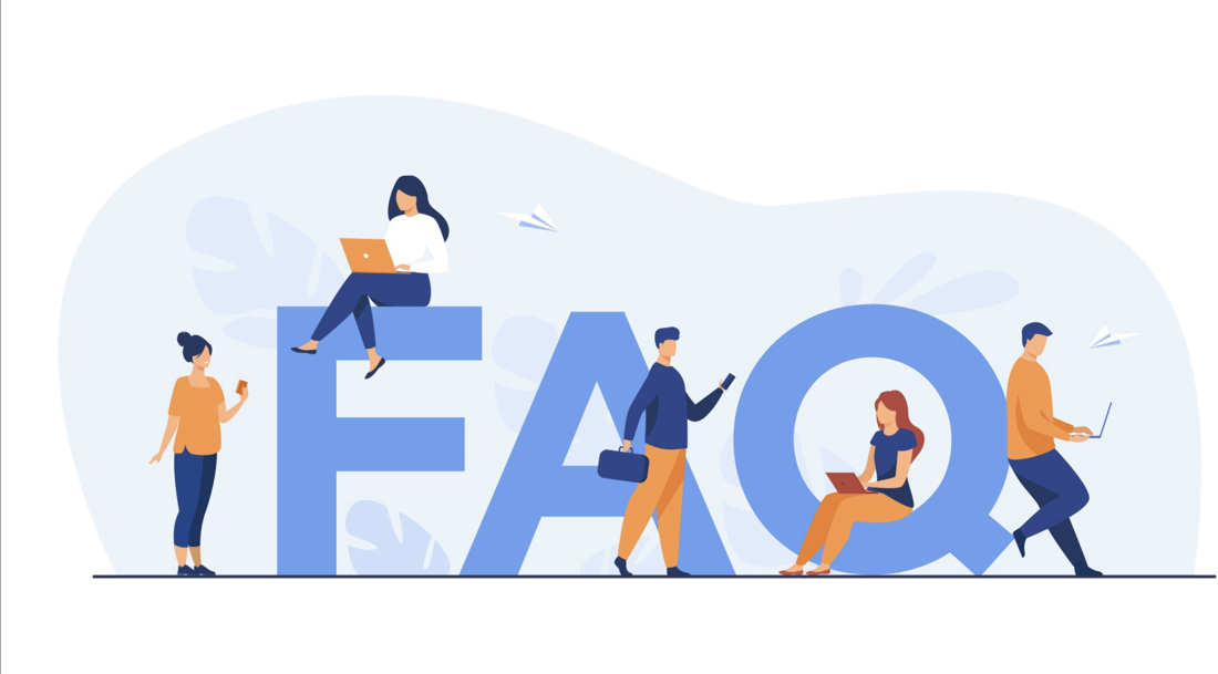 People with laptops and phones around large FAQ letters